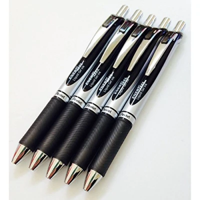 Image de Lot de 5 stylos à billes rétractables Pentel BL77 Energel Encre noire. Pointe en métal 0,7 mm.Poignée caoutchouc.5 A.