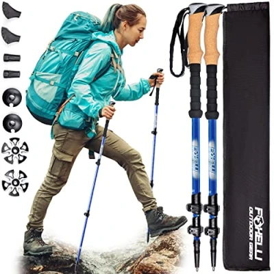 Image de Foxelli Bâtons de randonnée en fibre carbone, légers et pliables, absorbant les chocs avec poignées liège naturel, verrous à rabat, accessoires 4 saisons/tout terrain sac transport