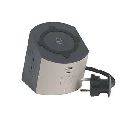 Image de LEGRAND Bloc Multiprise/Station de Charge 2 Prises Surface Avec Terre + 1 Chargeur à Induction Qi+ Prise USB C A Cordon 2m Taupe et Gris Foncé