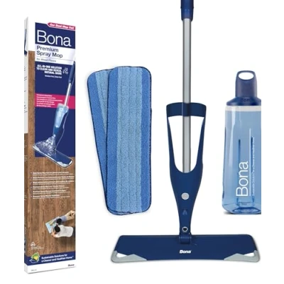 Image de Bona Balai Spray + 850 ML Nettoyant Parquet Bois 2 Pads en Microfibre avec Reservoir Serpillère Vaporisateur Kit Nettoyage Sol, Blue