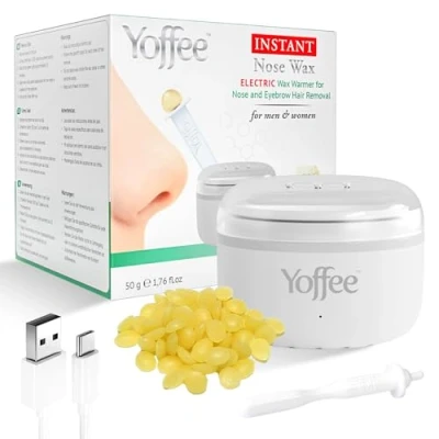 Image de Yoffee Instant Nose Wax Chauffe Cire Électrique pour l&#039;Épilation du Nez et des Sourcils, 50g de Naturelle d&#039;Abeille, 6 Applicateurs en Plastique, USB Type C, Chauffage Rapide, Facile à Utiliser