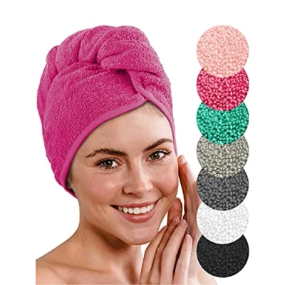 Image de LAYNENBURG Serviette éponge Turban de Luxe avec Bouton pour Cheveux Courts et Longs 100% Coton 4 élastiques gratuits Séchage Rapide Absorbant (Fuchsia)