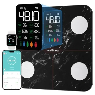 Image de Balance Pèse Personne, Healthkeep Connectée Impédancemètre Grand Écran VA Avec Fréquence Cardiaque 15 Mesures APP pour Andriod et iOS 180kg/400lb/28st, Noir