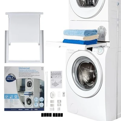 Image de CARE+PROTECT Kit de Superposition Universel Pour Lave Linge Profondeur 47 à 62 cm et Sèche Taille Standard Avec Tablette Coulissante Optimise L&#039;espace Blanc Devant Carré