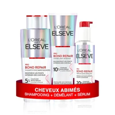 Image de L&#039;Oréal Paris Routine Capillaire Protectrice pour Cheveux Abîmés &amp; Sur Sollicités Shampooing + Démêlant Sérum Sans Rinçage Complexe à l&#039;Acide Citrique Elseve Pro Bond Repair 3 Produits
