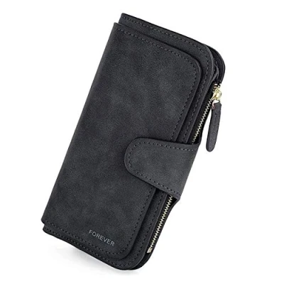 Image de Portefeuille Femme Grande Capacite PU Cuir Porte Monnaie Elégant avec 16 Cartes y Compris 2 fenêtre d&#039;identification, Zippé pour (Noir)