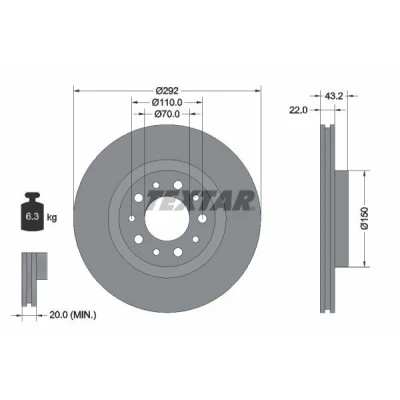 Image de TEXTAR PRO 92145303 Disque de frein 292 22 05/10 110 ventilé l&#039;intérieur revêtu sans boulon fix roue, moyeu roue
