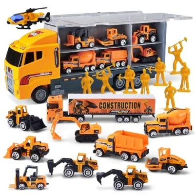 Image de JOYIN Lot de 11 mini camions construction moulés sous pression Avec 8 figurines techniques Cadeau d&#039;anniversaire d&#039;enfant pour garçons à partir 3 ans