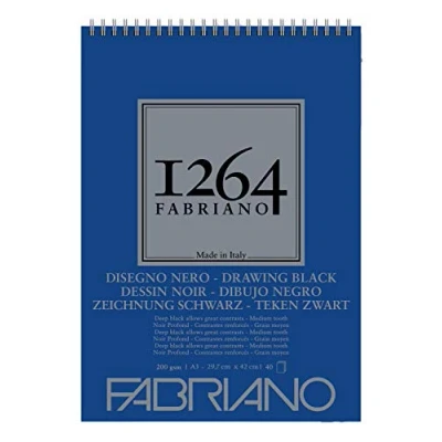 Image de Honsell 19100651 Fabriano Disegno Nero Bloc de 40 feuilles papier noir satiné à grain moyen sans acide pour toutes les techniques sec Format A3 200 g/m²