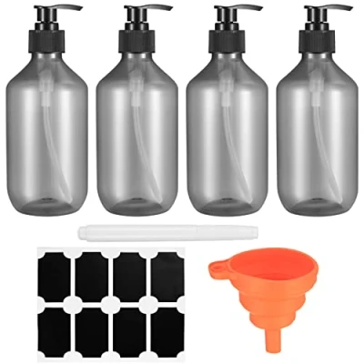 Image de 4 Pièces Flacons à Pompe Vides de 300 ML Rechargeables, Distributeur Savon Plastique, avec étiquette, Stylo, Entonnoir (Transparent Noir)