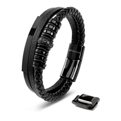 Image de SERASAR Bracelet Cuir Homme Noir 20cm Bijoux Acier Inoxydable Véritable Multi Tissé Réglable Les Hommes Chaîne Tressé Accessoire Jeune Garcon Luxe Cadeaux Saint Valentin Large Classic Men