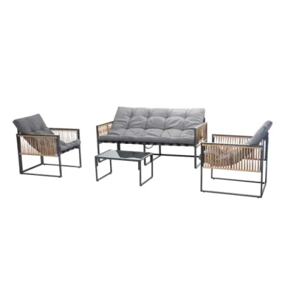 Image de CONCEPT USINE Salon de Jardin Bas 5 Places Design TURINI Marron Ensemble : 2 Canapés + Fauteuils 1 Table Basse en Verre Trempé Aspect Rotin Structure Acier Robuste 3 Coussins