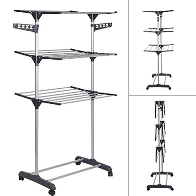 Image de THINFAR Séchoir à linge vertical et extensible, 4 niveaux, avec roues, en acier inoxydable, parfait pour une utilisation extérieur sur un balcon ou intérieur, 72 x 56 152 cm, gris