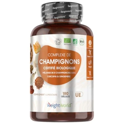 Image de Complexe Bio 8 Champignons 180 Gélules (3 Mois) Vegan Reishi , Cordyceps Chaga Shiitake Lions Mane, Maitake Huître Coprin, Curcuma &amp; Gingembre Certifié AB
