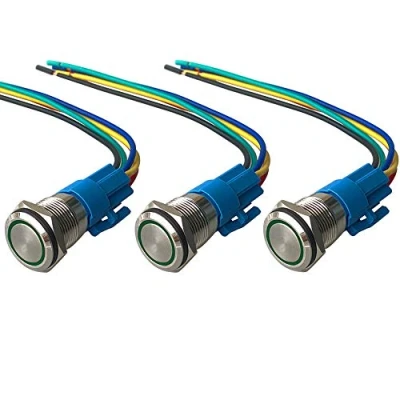 Image de QitinDasen 3Pcs Premium 12V / 24V 5A Interrupteur à Bouton Poussoir Momentané, Commutateur 19mm, Vert LED Etanche IP67 avec Fil de Prise Courant