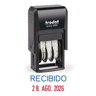 Image de Tampon dateur Trodat Printy 4850/L1 auto encreur avec texte rétractable, taille d&#039;impression 25 x 3,8 mm, cartouche d&#039;encre intégrée bicolore bleu rouge