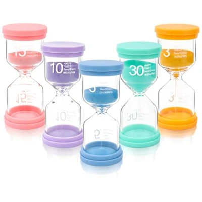 Image de TNEDFOD 5 pcs Sablier Coffret, Sabliers Colorés pour Enfants, Min en Verre, 3/5/10/15/30 Minutes, de Couleur Macaron l&#039;apprentissage, le Timing jeu, la Décoration du Bureau à Domicile