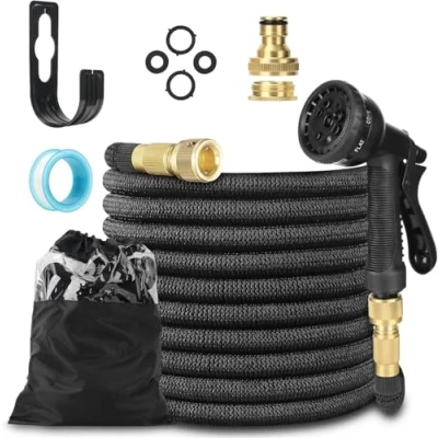 Image de LINGKY Tuyau d&#039;Arrosage Extensible 15m, Arrosage Flexible avec 1/2&quot; et 3/4&quot; Adaptateurs, 8 Modes d&#039;Arrosage, Latex Triple Épaisseur Durable Raccords en Laiton Sac