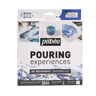 Image de Pébéo Kit découverte Pouring 4x59ml + Silicone 50ml, Acrylique, Blanc, Bleu, Turquoise, Or, Ensemble de 6 pièces, Set 50