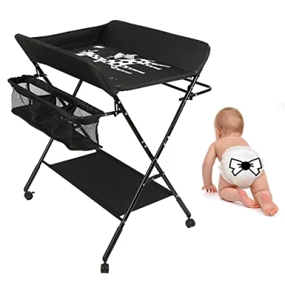 Image de Table à Langer bebe pliable,Station pour bébé portable,Commode avec coussin,avec roues,Table Mobile Matelas Langer,80 * 66 98cm (noir)