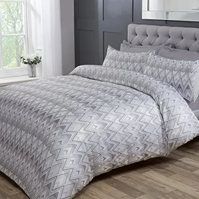 Image de Sleepdown Parure de lit Luxe avec Housse Couette et taies d&#039;oreiller Motif Chevrons Jacquard Zig Zag Rayures géométriques Gris Clair Blanc Super King (220 cm x 260 cm)