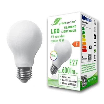 Image de greenandco® IRC 90+ Ampoule à Filament dépolie LED E27 6W (équivalent 48W) 600lm 2700K (blanc chaud) 360 230V Verre, aucun scintillement, non gradable