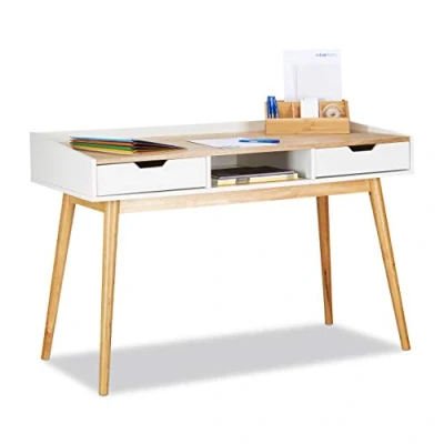 Image de Relaxdays Bureau, Design scandinave, 2 tiroirs, Table d’Ordinateur HxLxP: env. 76 x 120 55 cm, Bois, Brun, Blanc/Marron, HLP