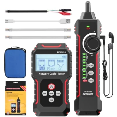 Image de testeur et traceur de câbles réseau RJ45, Ethernet VXSCAN NF 8209S fils avec NCV lampe pour CAT5 CAT6 CAT6a Mesure continuité/longueur/SCAN/Flash/QC/POE