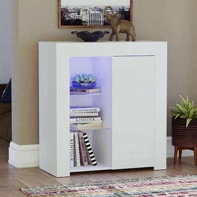 Image de Vida Designs Azura Buffet Moderne à LED 1 Porte avec lumières RVB (Options fondues/stroboscopiques incluses) Blanc Brillant, Bois d&#039;ingénierie, Normal