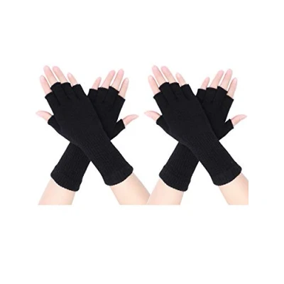 Image de 2 Paires Gants sans Doigts Unisexes Demi Doigt Extensible Tricotés Allonger Mitaines Poignet Chauds d&#039;Hiver (Noir),M,