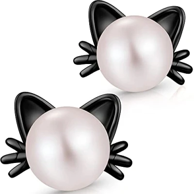 Image de Boucles d&#039;Oreilles Chat Noir Femmes Perle Mignon Argent Sterling d&#039;Eau Douce Filles Chaton