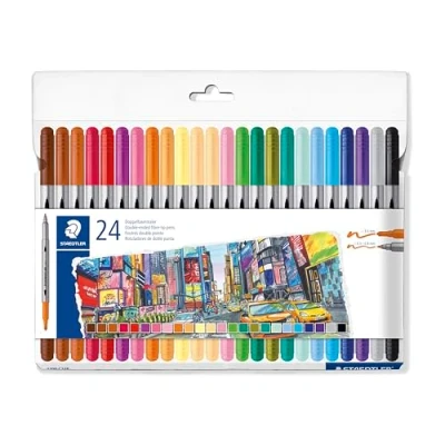 Image de STAEDTLER 3200 C24P Lot de 24 stylos coloriage Design Journey à double pointe Largeur trait 0,5 3,0 mm couleurs assorties