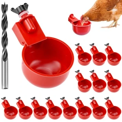 Image de QWORK® Ensemble de 16 abreuvoirs automatiques pour Poules avec perceuse spécialisée Distributeur d&#039;eau volaille en Plastique Haute qualité et Acier Inoxydable