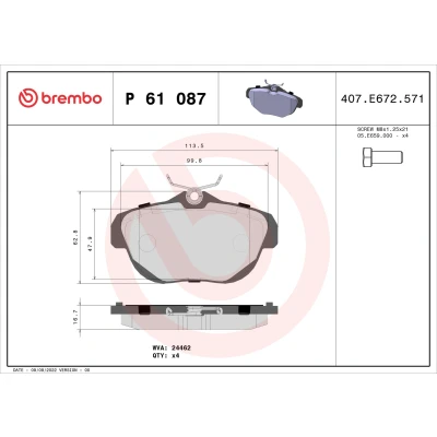 Image de BREMBO P 61 087 Jeu de plaquettes frein contact signal d&#039;usure exclu avec tôle anti bruit, vis d&#039;étrier sans accessoires