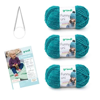 Image de Gründl Laine pour tricoter Ensemble de tricot Funny uni (fil chenille velouté) 3 x 100 g + aiguilles 5 6 instructions une couverture bébé, petrol