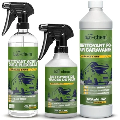 Image de bio chem Basic Set de 3 Produits pour Nettoyage Caravane Nettoyant Camping Car 1L vitre et Pare Brise en plexiglas 750mL Traces Pluie 500mL