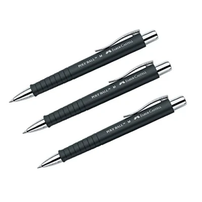 Image de Faber Castell POLY BALL 241199 Lot de 3 stylos à bille, 0,5 mm, forme triangulaire ergonomique, corps antidérapant, avec clip en métal, indélébile, noirs