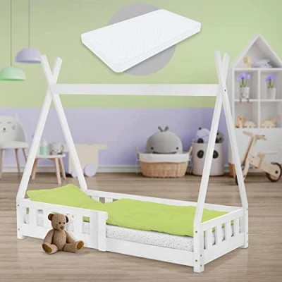 Image de ML Design Lit Enfant Tipi 70x140 cm Blanc avec Matelas à Mousse Froide Polyester, Housse Amovible, Sommier Lattes, Anti Chute, Style Indien en Bois de Pin Massif, Protection Contre Les Chutes