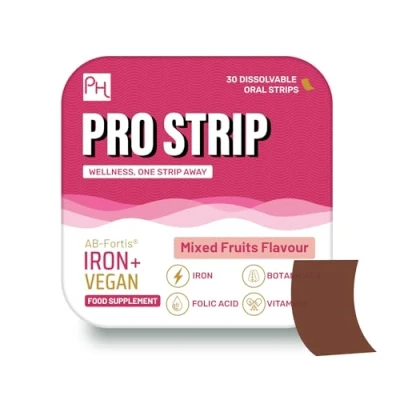 Image de PROSTRIP IRON+ AB Fortis 14 mg additionné de vitamine C, B1, B2, B6, acide folique, betterave, épinards et cerise acidulée 30 bandes orales végétaliennes