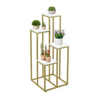 Image de Relaxdays Étagère à Plantes, 4 emplacements, Peu encombrante, Acier et MDF, H x L P : 100 40 cm, doré Blanc