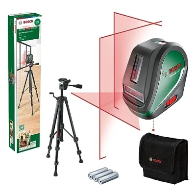 Image de Bosch laser lignes UniversalLevel 3 avec trépied (3 ligne verticale à angle de 90 pour une croix supplémentaire au plafond et un point d&#039;aplomb vers le bas des alignements précis, dans boîte carton)