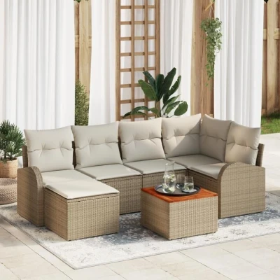 Image de Ensemble de sofa jardin vidaXL 7 pièces avec coussins beige en polyrotin acacia 3356272
