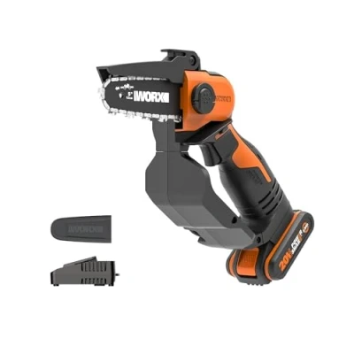 Image de WORX Élagueuse Mini Tronçonneuse sans Fil Guide de 12 cm Pour l&#039;Élagage, la Taille, l&#039;Ébranchage et le Tronçonnage avec Capot protection Livrée Batterie Chargeur WG324E