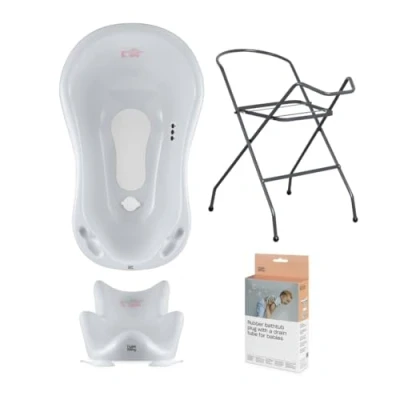 Image de Hylat Baignoire Bebe Sur Pied Pliable Support Bébé avec Siege de Bain Pour Bebe, et Sièges Complète Égouttage Siège Amovible, Stable Confortable