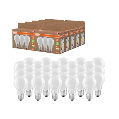 Image de Osram Lampes LED haute efficacité avec classe énergétique A, pack avantage de 30 lampes, remplace les ampoules 60W classiques, forme poire, blanc chaud (2700K), E27, verre mat