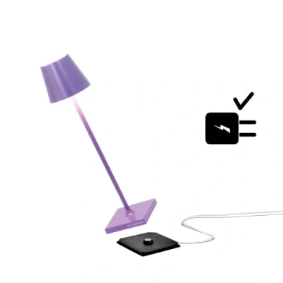 Image de Zafferano Poldina Pro Micro Lampe de Table LED Sans Fil Rechargeable, Température couleur 2200 2700 3000K, IP65 Intérieur, Aluminium H 27.5cm avec Chargeur Multiple USB (EU/UK/US) Argent Chromé