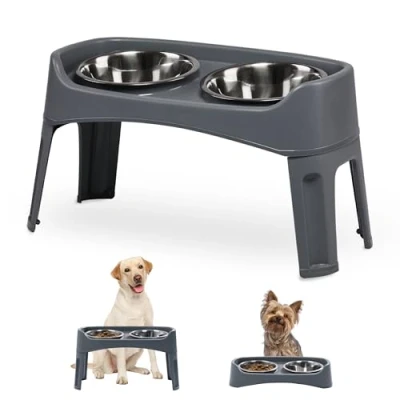 Image de Iris Ohyama, Gamelles avec 2 Bols amovibles d&#039;alimentation lente surélevées pour Chien, L29 x P57 H31 cm, Anti Dérapant, Pliable et Favorise la digestion, PEF L, Gris antracite
