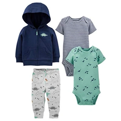 Image de Simple Joys by Carter&#039;s 4 Piece Jacket, Pant, and Bodysuit Set Ensemble Layette, Bleu Foncé/Bleu Marine Rayures/Gris Dinosaure/Vert, 0 Mois Bébé garçon