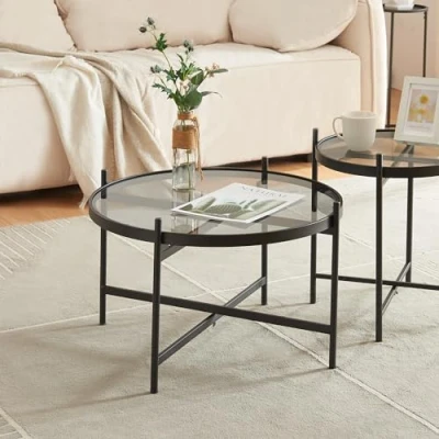 Image de [en.casa] Table Basse Élégante avec Plateau Rond en Verre Trempé de 5 mm d&#039;Appoint Design Intemporel pour Salon Chambre Bureau Métal 61 x 40 cm Noir