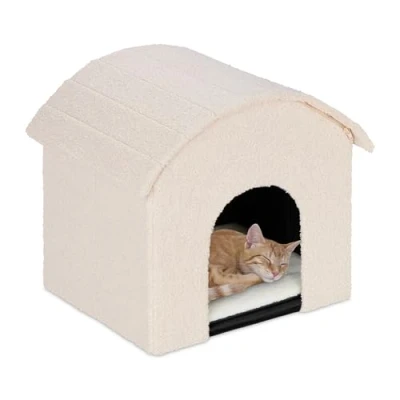 Image de Relaxdays Niche pour Chat, Pliable et Moelleux, Lieu de Refuge, Surface à griffer, H x L P : 44 48 41 cm, Beige